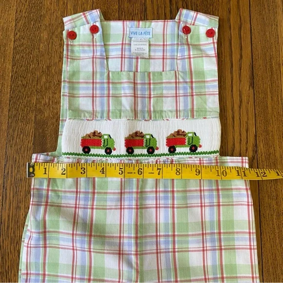 Vive La Fête 3T Plaid Overalls with Dump Truck Smocked Design - Picture 9 of 9